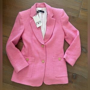 NWT-Zara Pink Tweed Women's Blazer Jacket Gold Button Detail